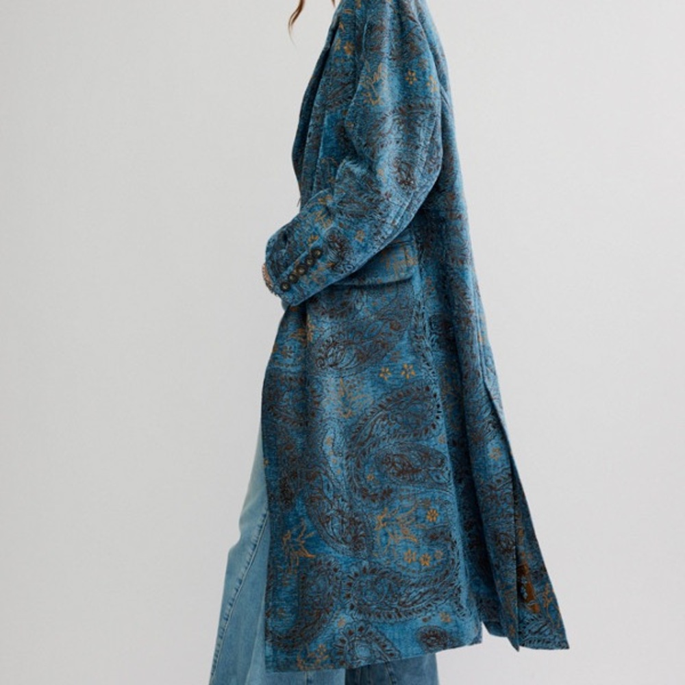 Free People Large Teal and Gold Long Coat - Picture 8 of 10